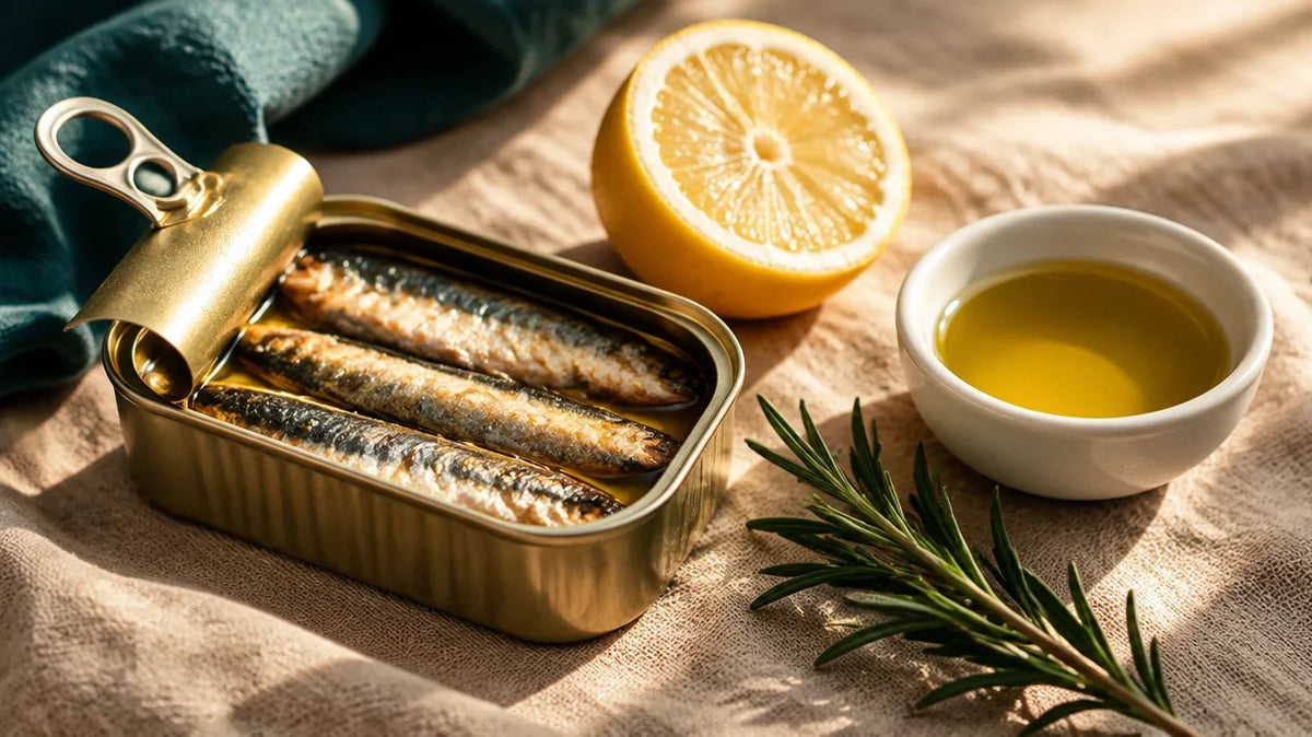 Boîte de sardines ouverte avec citron, huile d'olive et romarin — sardines et masse musculaire après 50 ans, Nutremys