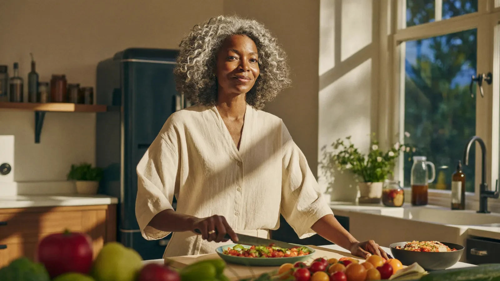 Femme de 52 ans sereine en cuisine lumineuse, comprendre et soulager le ventre gonflé à la ménopause