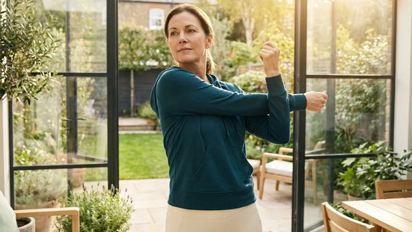 Femme active de 50 ans en plein étirement chez elle — gérer la prise de poids à la ménopause par le mouvement