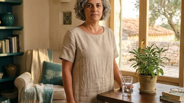 Femme se rafraîchissant pendant une bouffée de chaleur — remèdes de grand-mère validés par la science, Nutremys
