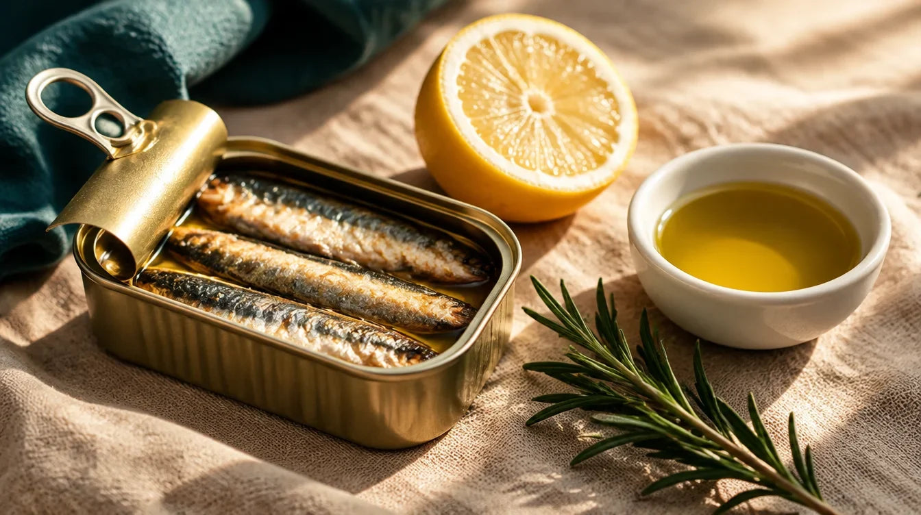 Boîte de sardines ouverte avec citron, huile d'olive et romarin — sardines et masse musculaire après 50 ans, Nutremys
