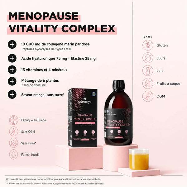 Nutremys Menopause Vitality Complex : collagène marin liquide, flacon de 500 ml avec boîte et verre doseur de 25 ml