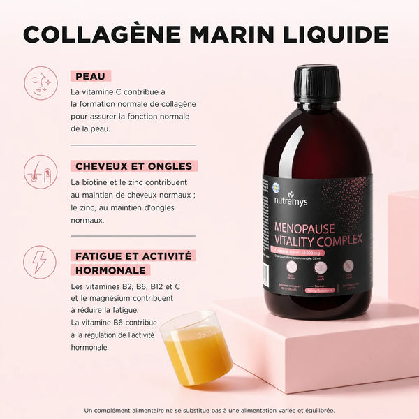 Menopause Vitality Complex Nutremys, une formule neuf solutions : équilibre hormonal, énergie et vitalité, peau et collagène, sommeil, articulations, digestion, immunité, humeur et cheveux