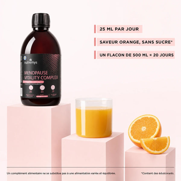 Absorption complète en 30 minutes du complément liquide Menopause Vitality Complex Nutremys pour la ménopause