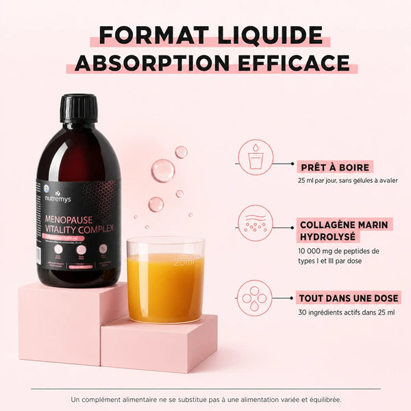 Tableau des valeurs nutritives du Menopause Vitality Complex Nutremys : 30 actifs, collagène marin 10 000 mg, sans sucre, gluten, lactose, OGM, soja ni œufs — technologie suédoise