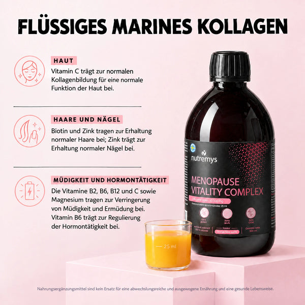Menopause Vitality Complex Nutremys, eine Formel mit neun Lösungen: hormonelles Gleichgewicht, Energie und Vitalität, Haut und Kollagen, Schlaf, Gelenke, Verdauung, Immunsystem, Stimmung und Haare