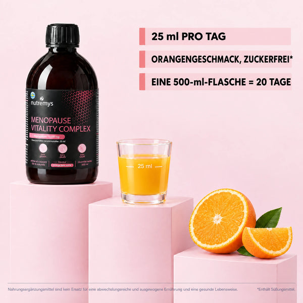 Vollständige Aufnahme des flüssigen Nahrungsergänzungsmittels Menopause Vitality Complex von Nutremys für die Wechseljahre in 30 Minuten