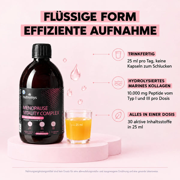 Nährwerttabelle des Menopause Vitality Complex von Nutremys: 30 Wirkstoffe, 10.000 mg marines Kollagen, ohne Zucker, Gluten, Laktose, GVO, Soja oder Eier - schwedische Technologie