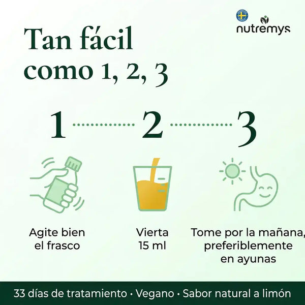 FloraBalance Probióticos · Tan fácil como 1, 2, 3: agita, vierte 15 ml, toma por la mañana · Nutremys