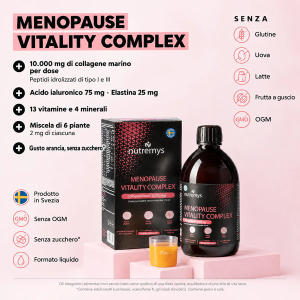 Nutremys Menopause Vitality Complex: collagene marino liquido, flacone da 500 ml con astuccio e misurino da 25 ml