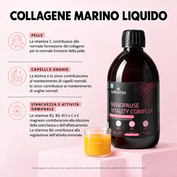 Complesso Vitality per la menopausa Nutremys, una formula nove soluzioni: equilibrio ormonale, energia e vitalità, pelle e collagene, sonno, articolazioni, digestione, immunità, umore e capelli