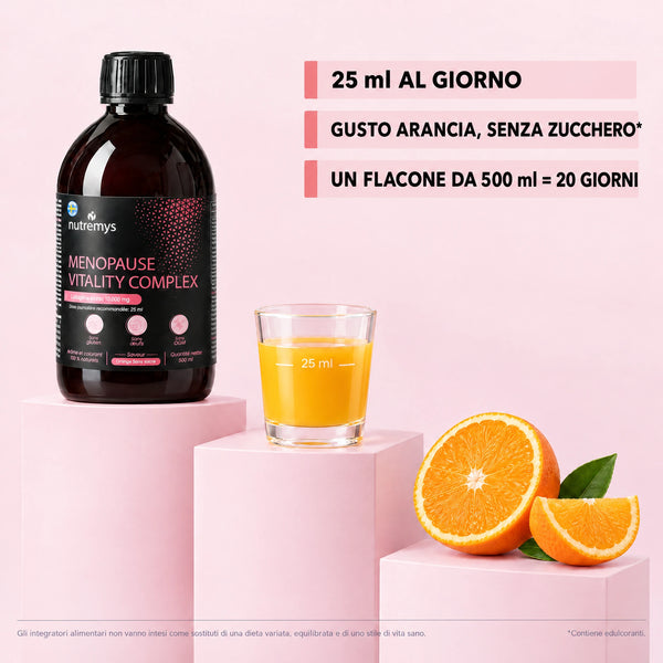 Assorbimento completo in 30 minuti dell'integratore liquido Menopause Vitality Complex Nutremys per la menopausa
