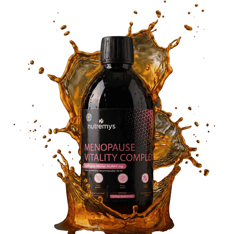 Menopause Vitality Complex · Complément liquide 9 en 1 ménopause et périménopause · Collagène marin 10 000mg · Nutremys LAB