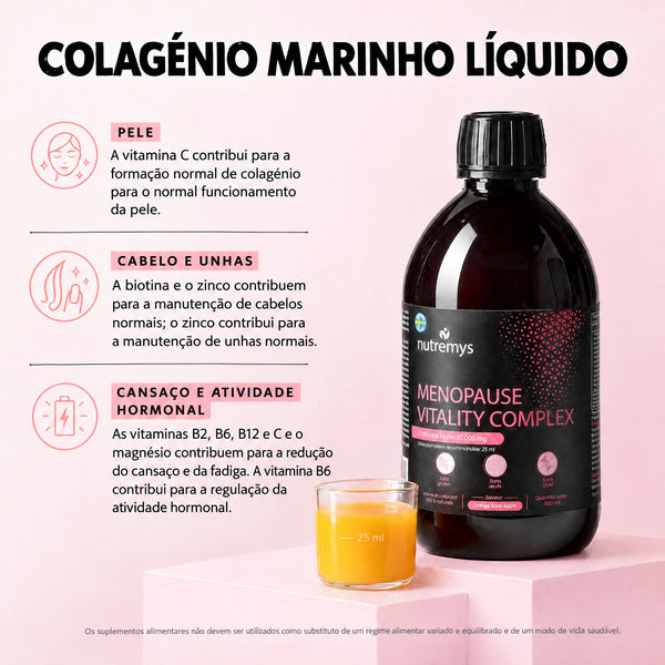 Complexo Vitalidade Menopausa Nutremys, uma fórmula nove soluções: equilíbrio hormonal, energia e vitalidade, pele e colagénio, sono, articulações, digestão, imunidade, humor e cabelo
