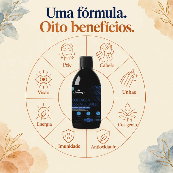 Collagen Essence Gold: uma fórmula, oito benefícios — pele, cabelo, unhas, colagénio, antioxidante, energia