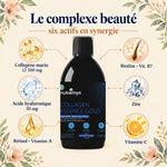 Collagen Essence Gold : 6 actifs — collagène marin 12 500 mg, acide hyaluronique, rétinol, biotine, zinc, vitamine C