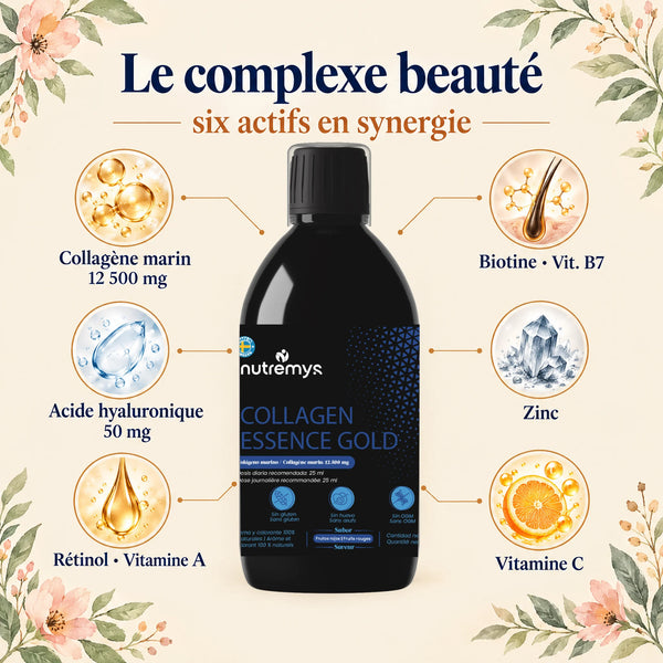 Collagen Essence Gold : 6 actifs — collagène marin 12 500 mg, acide hyaluronique, rétinol, biotine, zinc, vitamine C