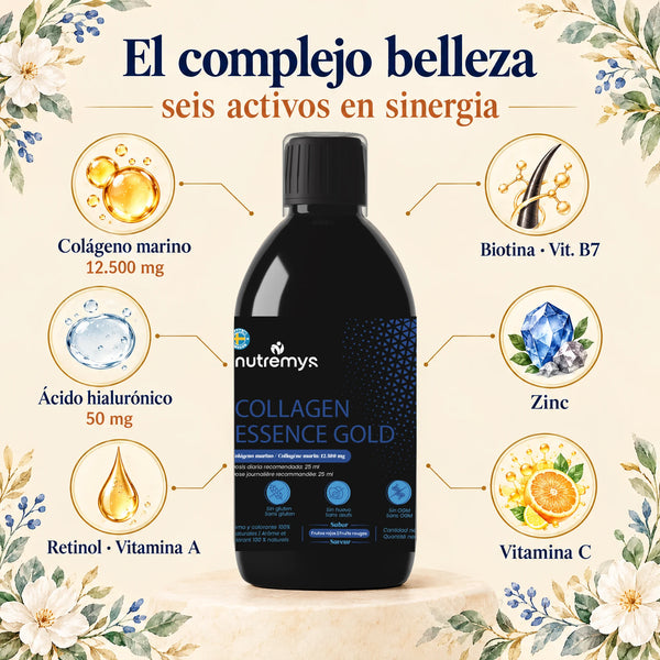 Collagen Essence Gold: 6 activos — colágeno marino 12.500 mg, ácido hialurónico, retinol, biotina, zinc, vitamina C
