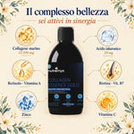 Collagen Essence Gold: 6 attivi — collagene marino 12.500 mg, acido ialuronico, retinolo, biotina, zinco, vitamina C
