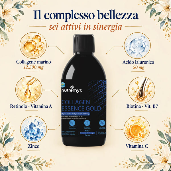Collagen Essence Gold: 6 attivi — collagene marino 12.500 mg, acido ialuronico, retinolo, biotina, zinco, vitamina C