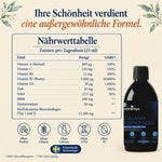 Collagen Essence Gold: Nährwerttabelle pro Tagesdosis 25 ml, ohne Zucker und ohne Gluten