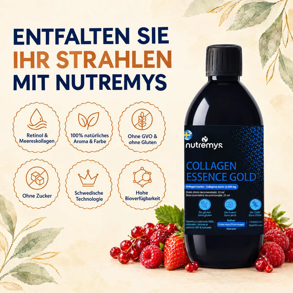 Collagen Essence Gold von Nutremys: Meereskollagen und Retinol, Geschmack rote Früchte