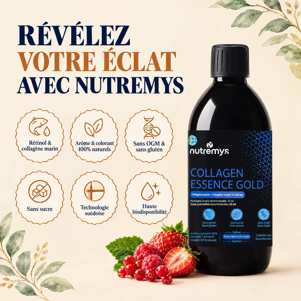 Collagen Essence Gold Nutremys : collagène marin et rétinol, saveur fruits rouges