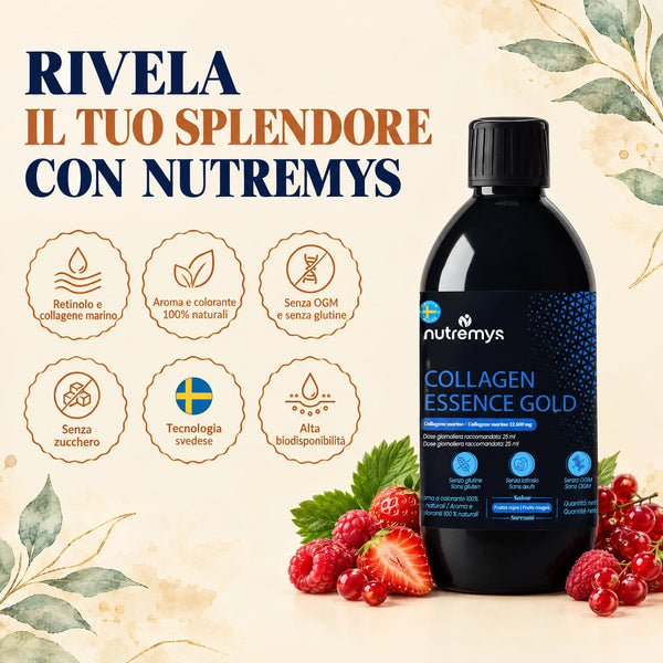 Collagen Essence Gold Nutremys: collagene marino e retinolo, gusto frutti rossi