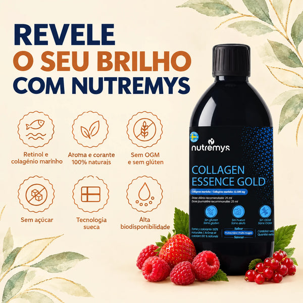Collagen Essence Gold Nutremys: colagénio marinho e retinol, sabor frutos vermelhos