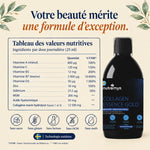 Collagen Essence Gold : tableau des valeurs nutritives par dose de 25 ml, sans sucre ni gluten