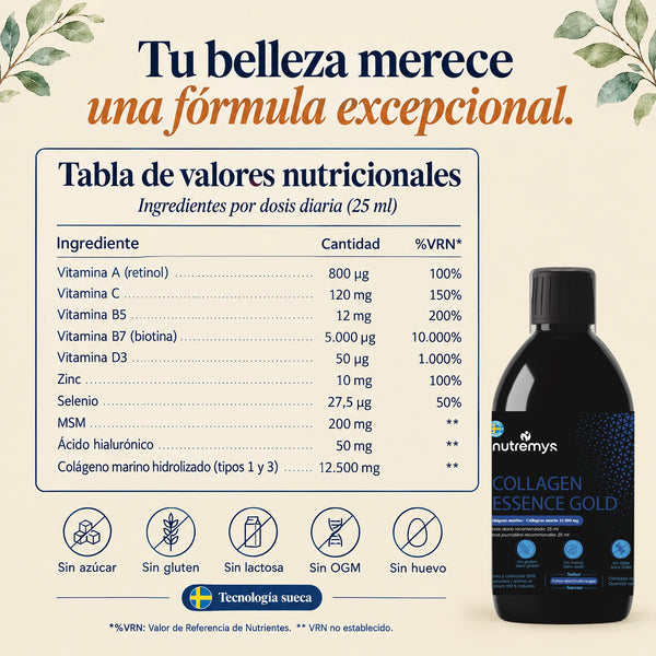 Collagen Essence Gold: tabla de valores nutricionales por dosis de 25 ml, sin azúcar ni gluten