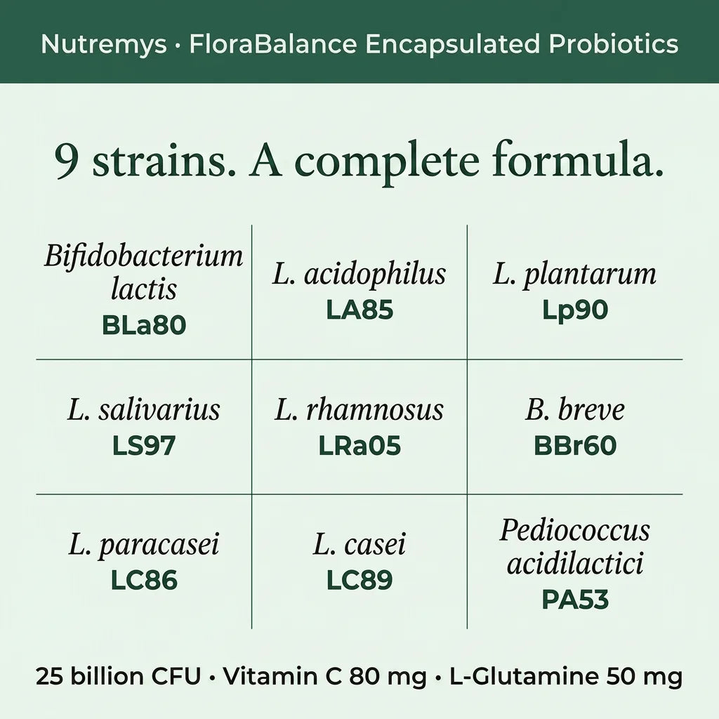 FloraBalance 9-strain complete probiotic formula: Bifidobacterium lactis, L. acidophilus, L. plantarum, L. salivarius, L. rhamnosus, B. breve, L. paracasei, L. casei, Pediococcus acidilactici