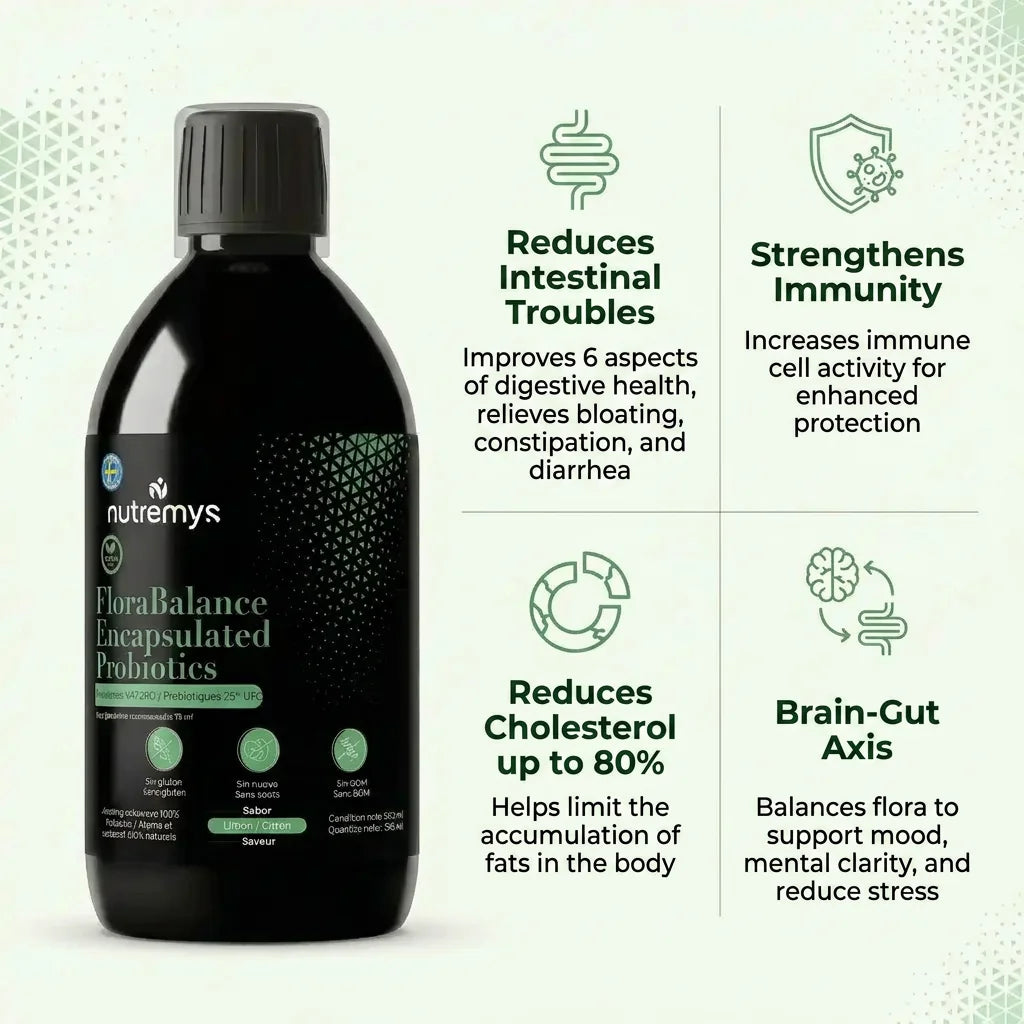 FloraBalance Encapsulated Probiotics benefits: reduces intestinal troubles, strengthens immunity, reduces cholesterol up to 80%, supports brain-gut axis
