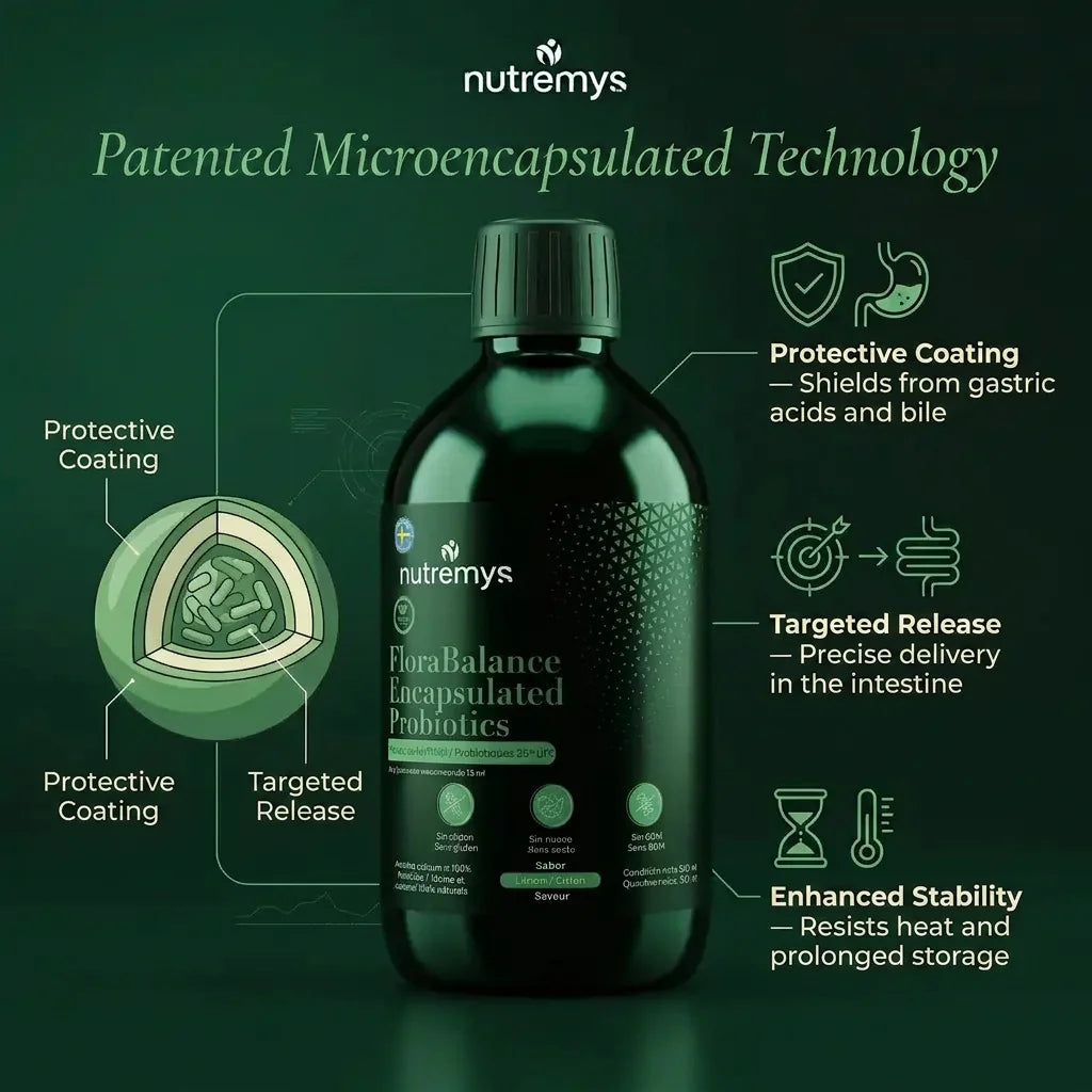 FloraBalance patented microencapsulated technology: protective coating shields from gastric acids, targeted intestinal release, enhanced heat stability