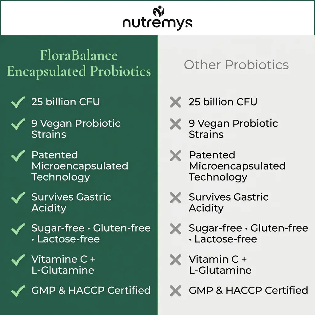FloraBalance vs other probiotics: 25 billion CFU, 9 vegan strains, patented microencapsulation, survives gastric acidity, sugar-free, GMP and HACCP certified