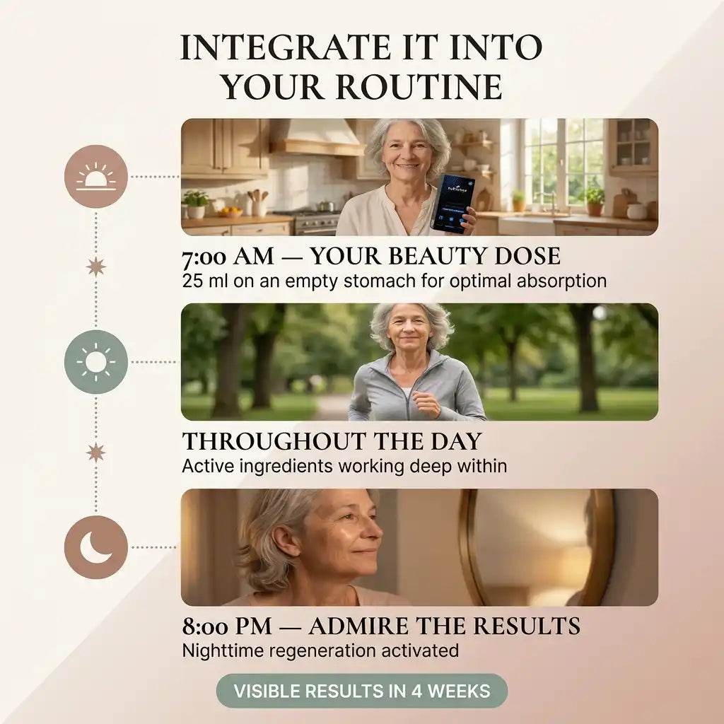 Collagen Essence Gold · How to take 25ml daily instructions Nutremys