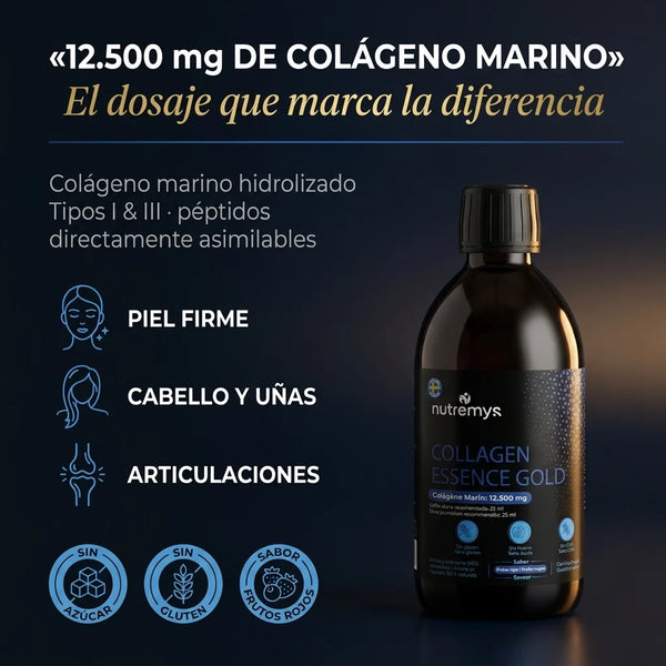 Collagen Essence Gold · 12.500 mg de colágeno marino hidrolizado tipos I y III · piel, cabello, uñas y articulaciones · Nutremys