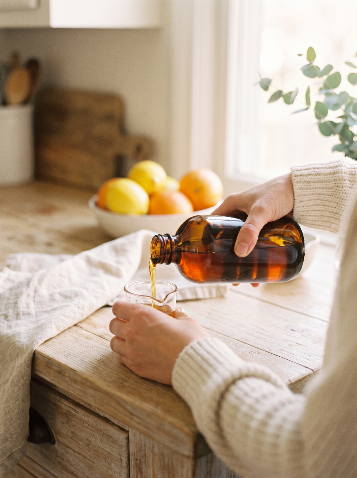 Complément alimentaire liquide Nutremys versé dans un verre doseur