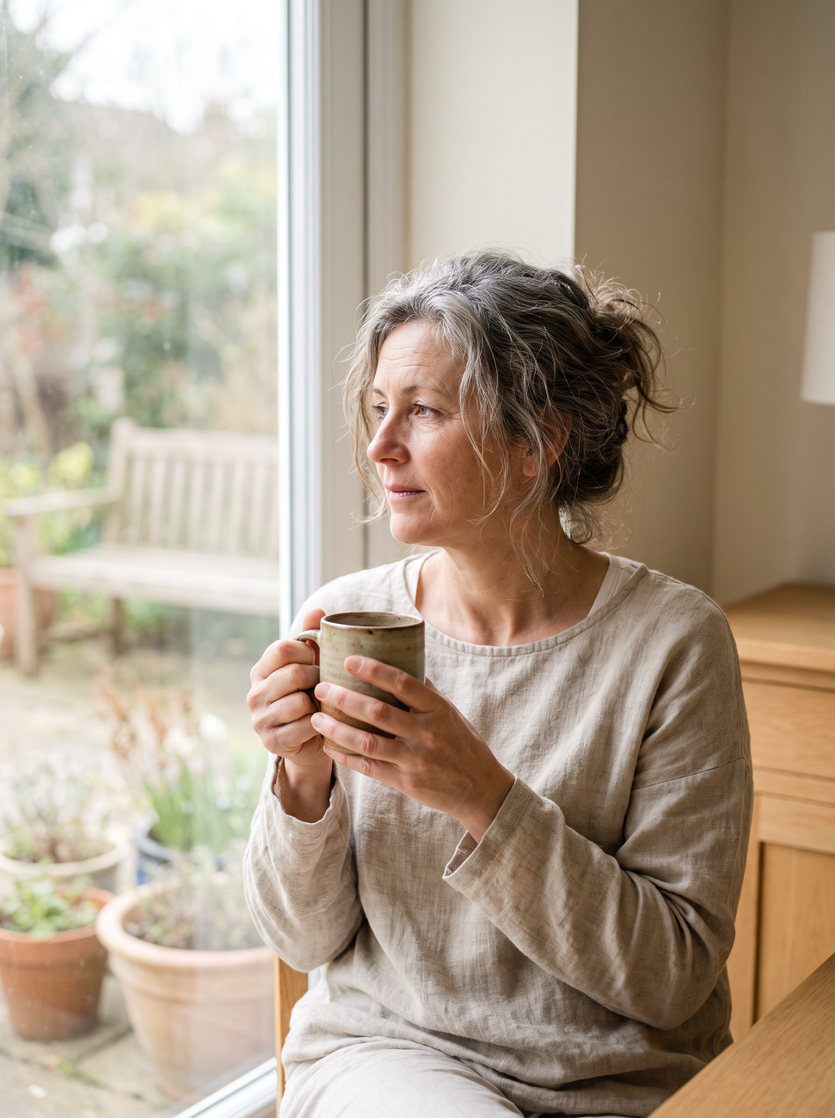 Femme lisant près d'une fenêtre, lumière du matin