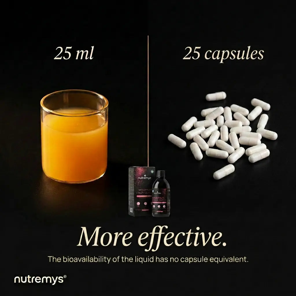 Menopause Vitality Complex 25ml liquid vs 25 capsules · superior bioavailability liquid formula menopause supplement │ Nutremys LAB