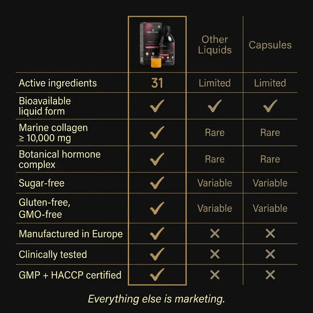 Menopause Vitality Complex vs other liquids and capsules comparison · 31 active ingredients clinically tested menopause supplement │ Nutremys LAB