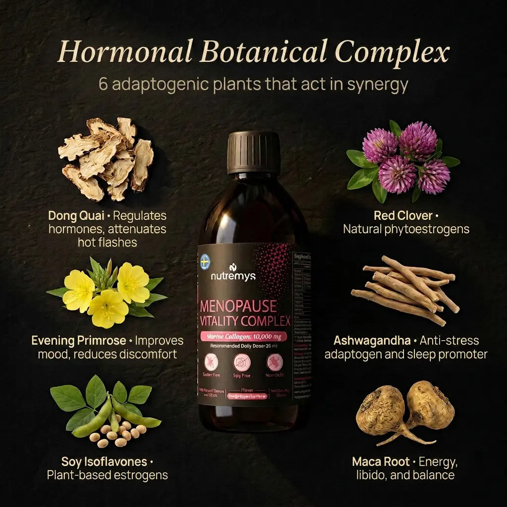 Menopause Vitality Complex hormonal botanical blend · dong quai red clover evening primrose ashwagandha soy isoflavones maca │ Nutremys LAB