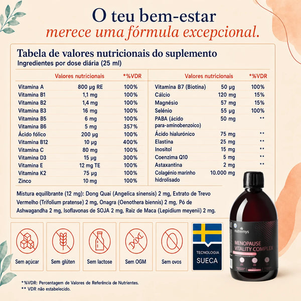 Menopause Vitality Complex: tabela nutricional — 30 ativos, colagénio marinho 10 000 mg, sem açúcar, sem glúten, sem alergénios