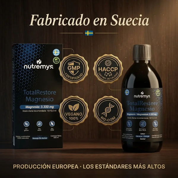 TotalRestore Magnesio · Fabricado en Suecia, certificado GMP y HACCP · Nutremys