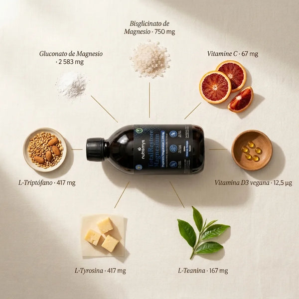 TotalRestore Magnesio · Ingredientes activos: bisglicinato, L-Triptófano y vitaminas · Nutremys