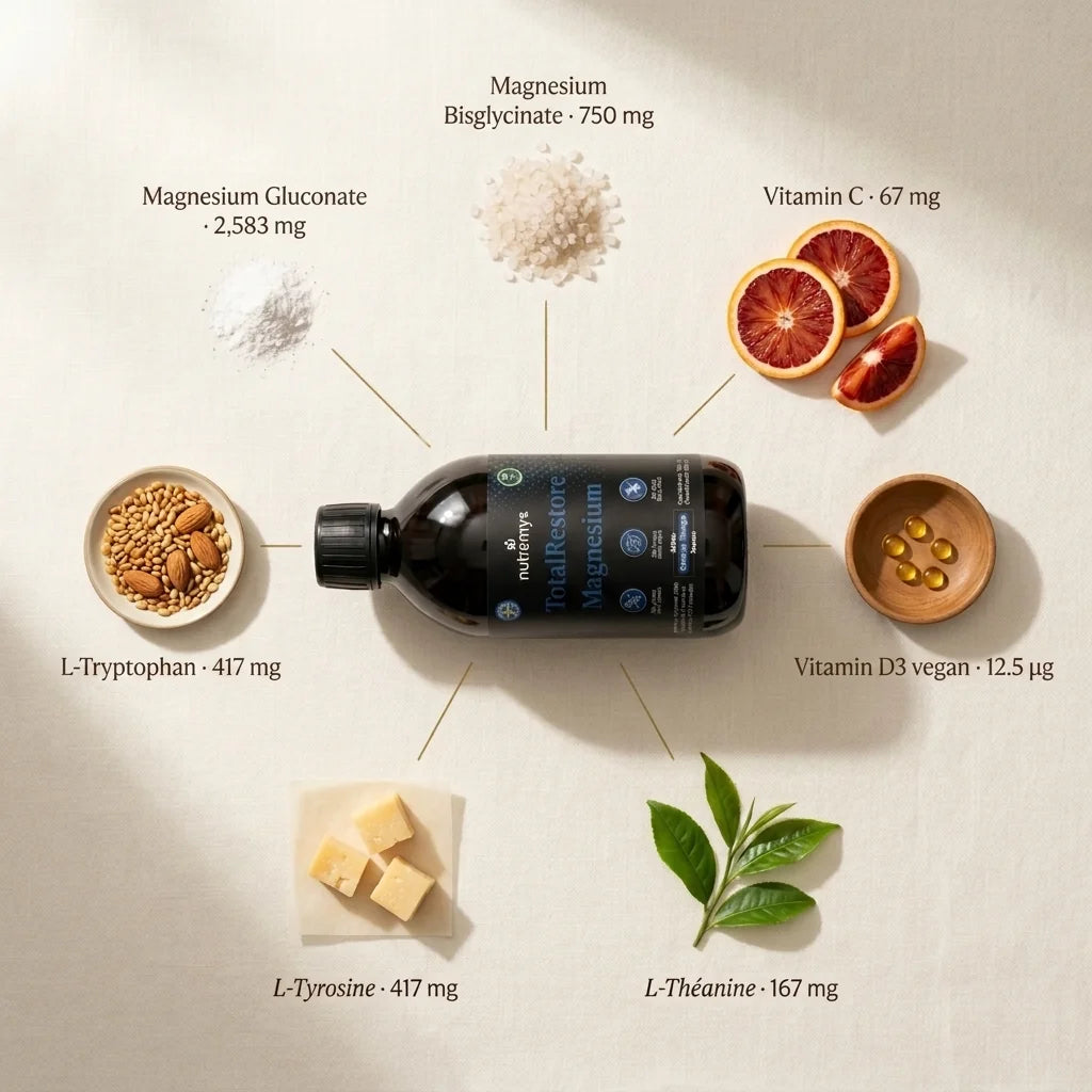 Editorial flatlay of TotalRestore Magnesium active ingredients: bisglycinate, L-Tryptophan, vitamins