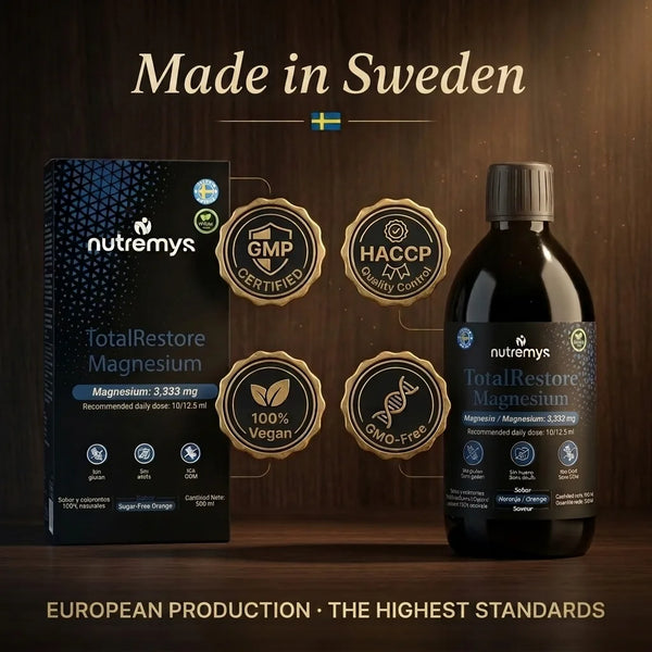 TotalRestore Magnesium · Made in Sweden, GMP and HACCP certified · Nutremys