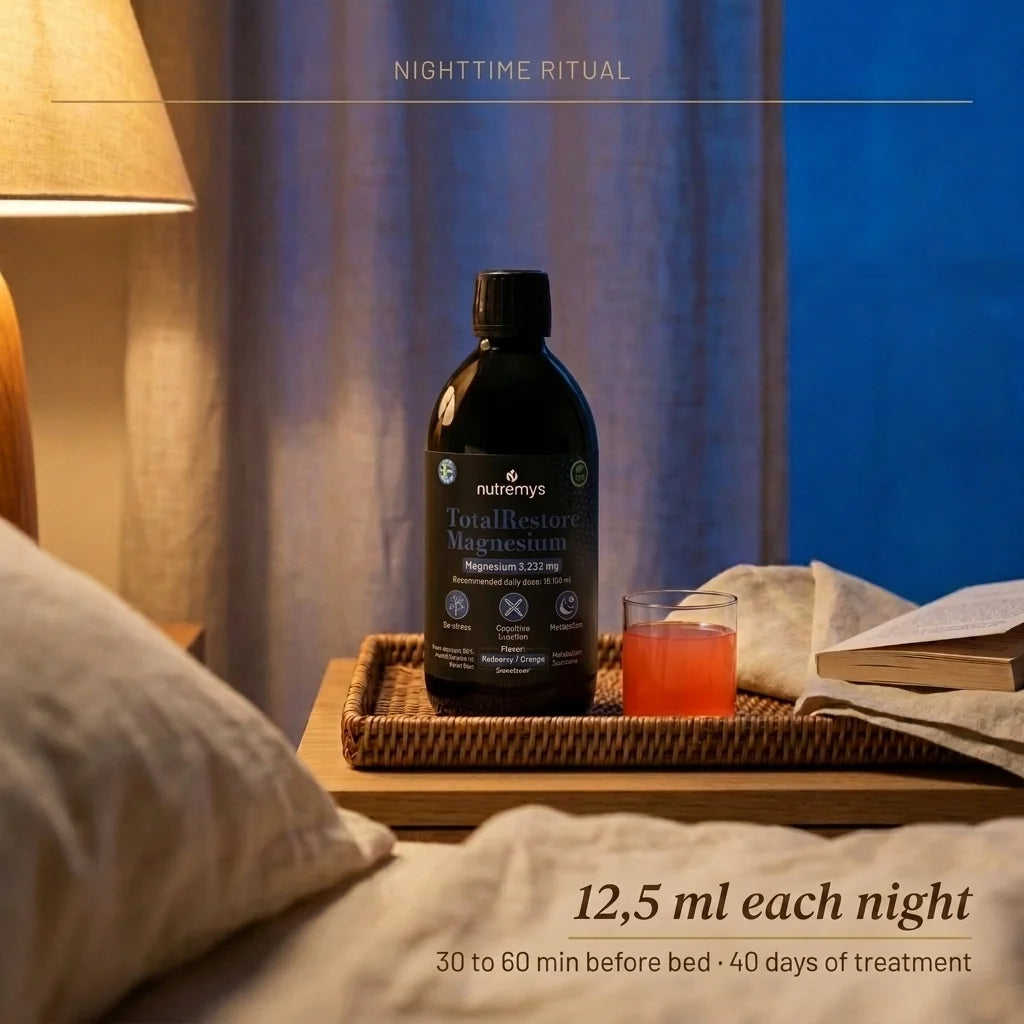 Nighttime ritual with TotalRestore Magnesium 12.5 ml on bedside table to support deep sleep