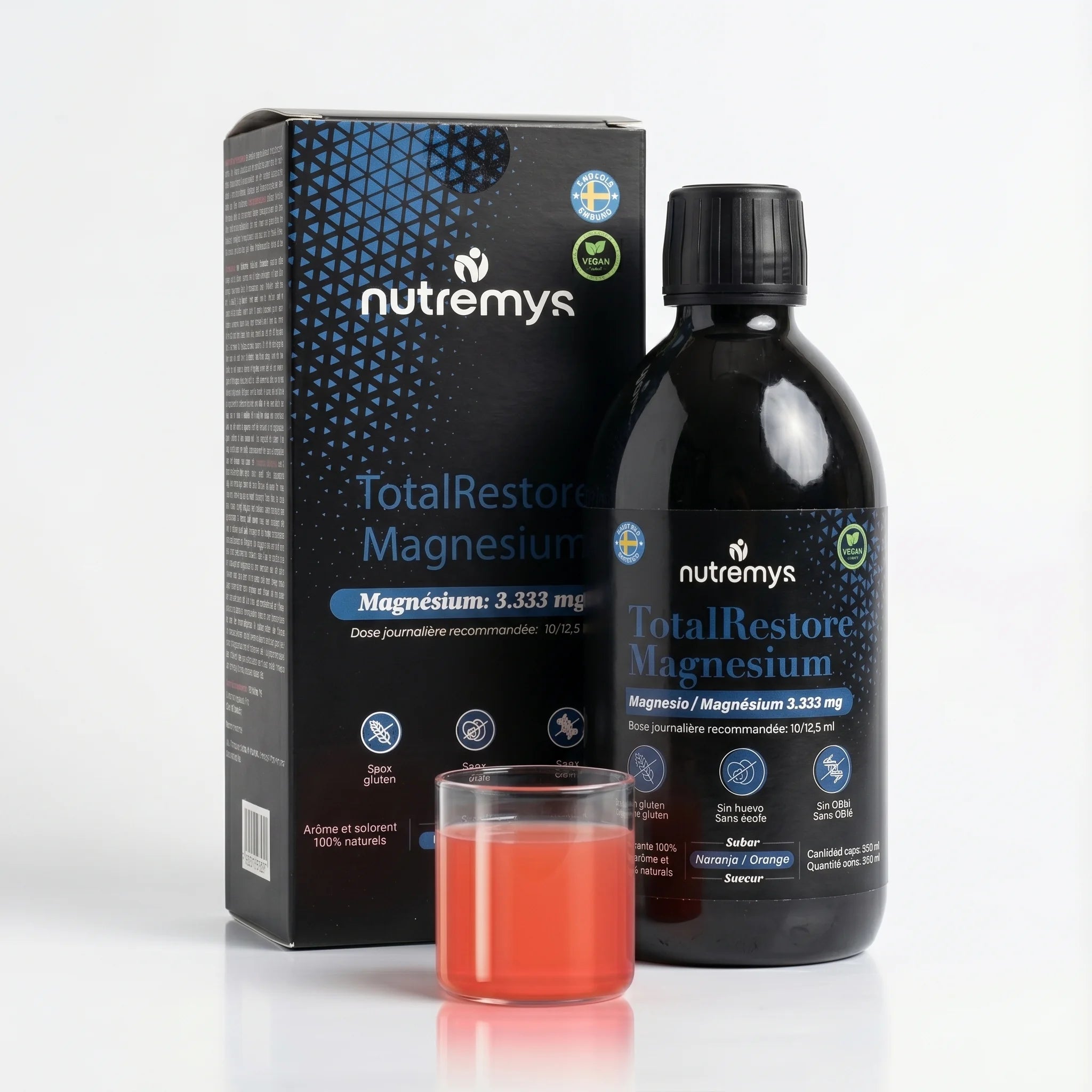 Box and bottle of TotalRestore Magnesium Bisglycinate 3,333 mg, liquid complex with 3 amino acids