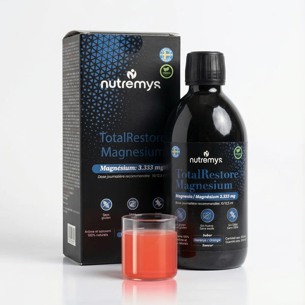 TotalRestore Magnesium · Box and bottle · liquid bisglycinate 3,333 mg · Nutremys
